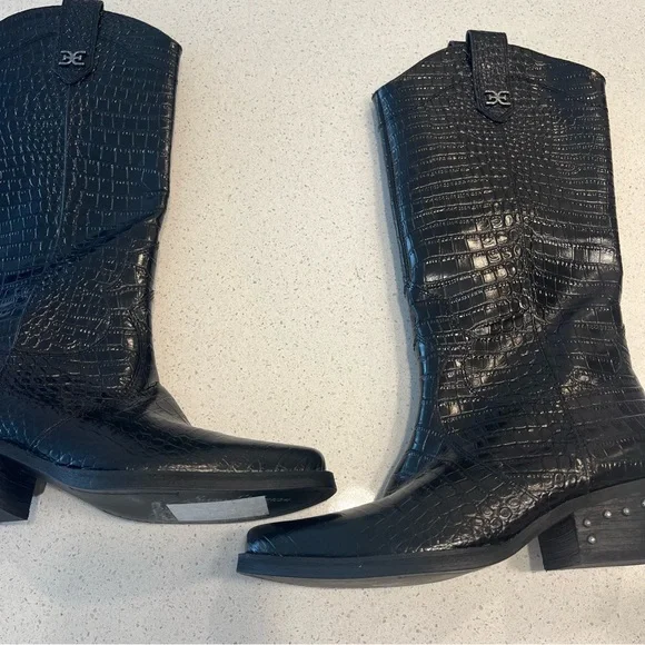 Sam Edelman Black Leather Cowboy Western Boots with Crocodile-Embossed Pattern - Picture 1 of 7